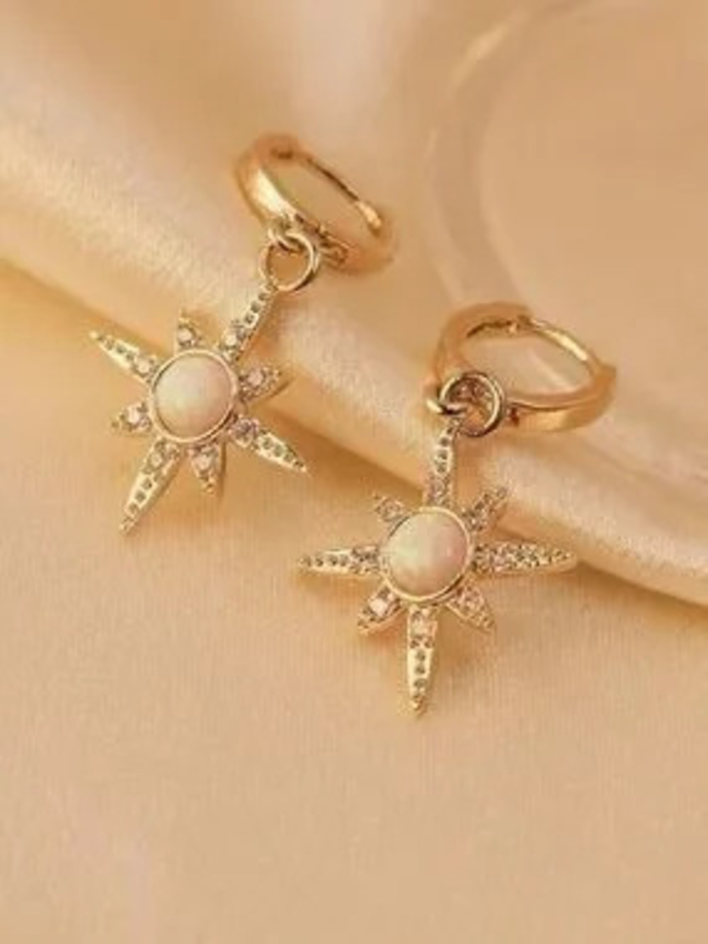 Gold Starburst Opal Drop Hoop Earrings